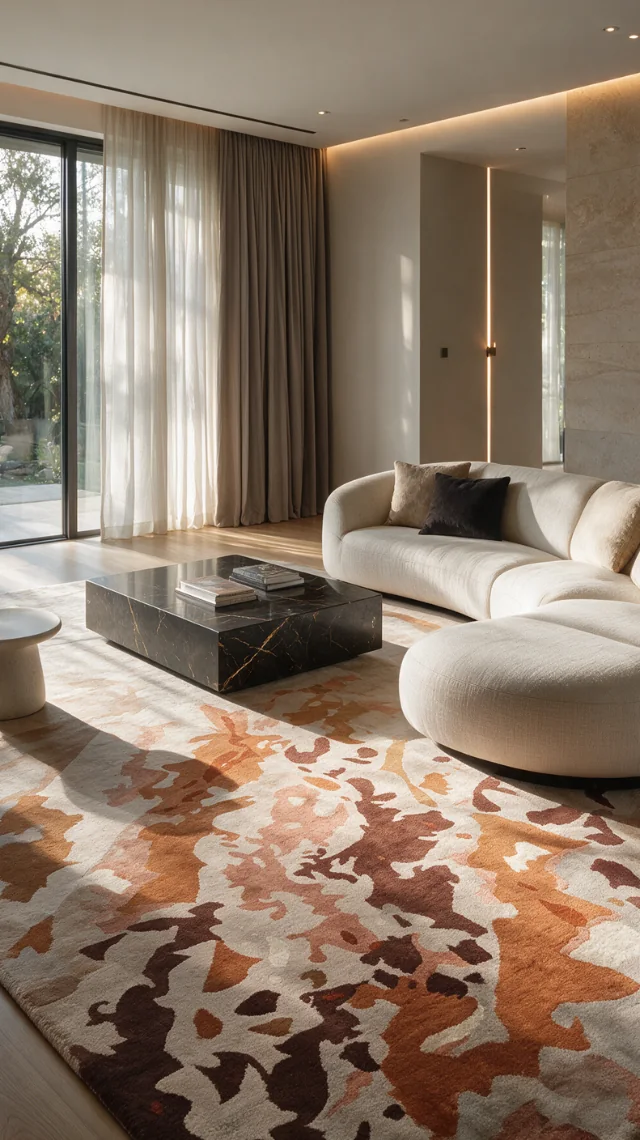 Modern lounge with a bespoke handmade abstract rug in terracotta, rust and cream by Husky Design